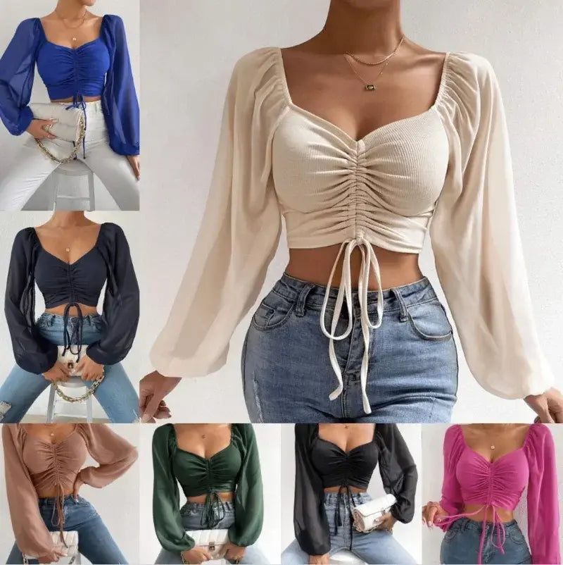 Top Corto (Crop Top) de Manga Larga con Fruncido y Transparencias