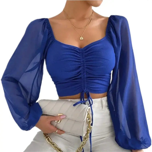 Top Corto (Crop Top) de Manga Larga con Fruncido y Transparencias