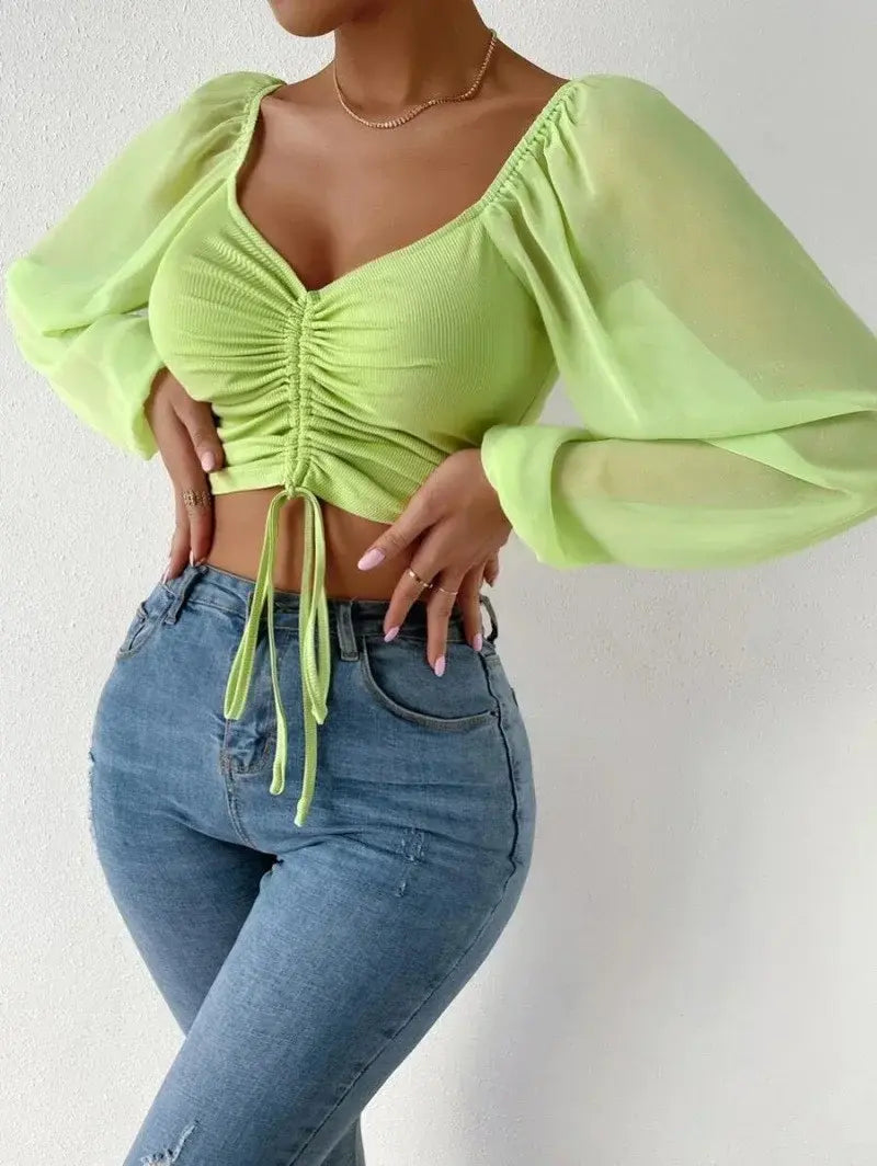 Top Corto (Crop Top) de Manga Larga con Fruncido y Transparencias